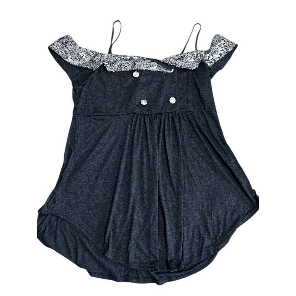 Rosegal Gothic Top Womens 16 Gray Cold Shoulder Sequin Babydoll Stretch NWT
